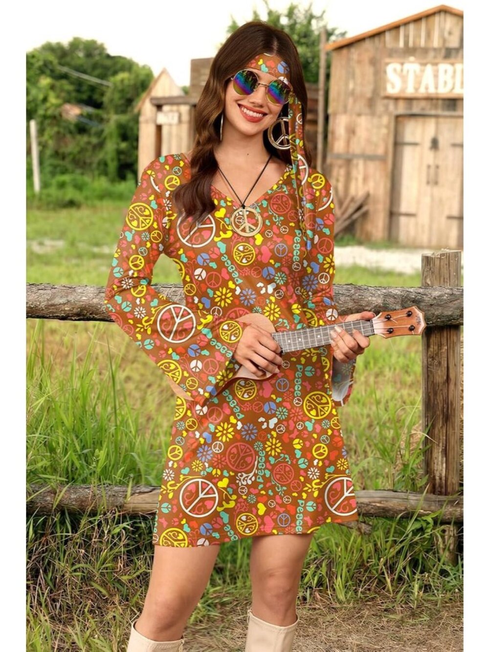 Women's Brown | Hippie 70s Hippie Halloween Costume Sunglasses Dress 5-Piece Set - Picture 4 of 6